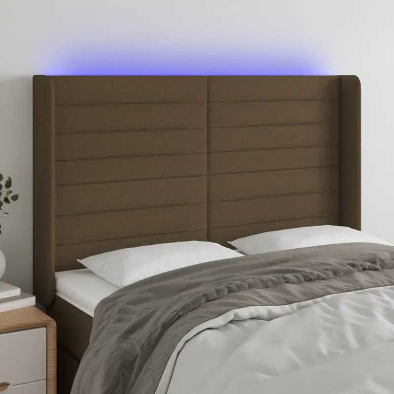 Zagłówek do łóżka z LED ciemnobrązowy 147x16x118/128 cm tkanina