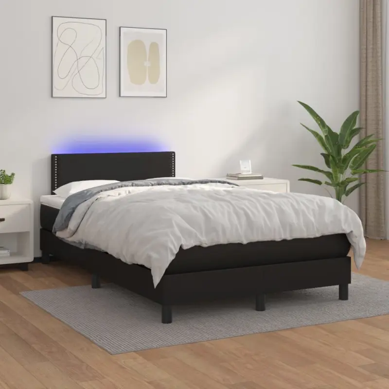 Łóżko kontynentalne z materacem i LED czarna ekoskóra 120x200cm