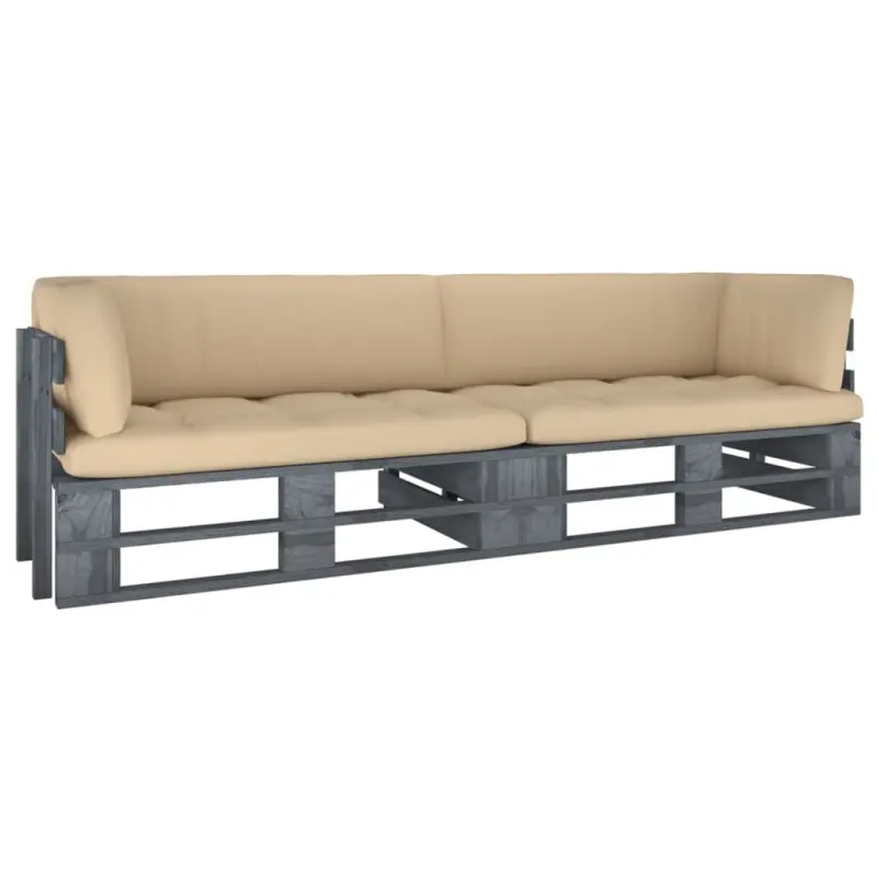 Meble ogrodowe sofa 2-osobowa z palet drewno sosnowe szara z poduszkami