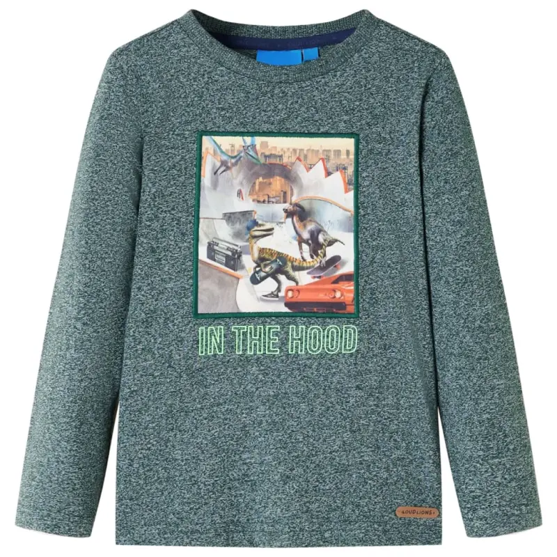 Koszulka dziecięca z długimi rękawami, ciemnozielony melanż, 116
