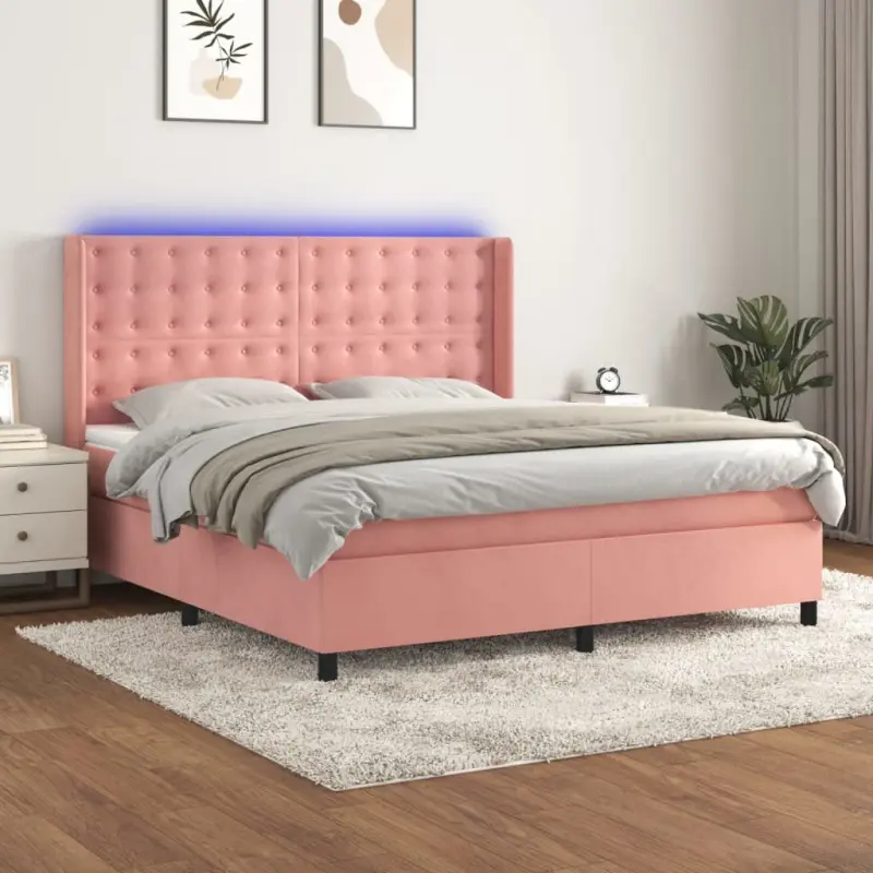 Łóżko kontynentalne z materacem i LED, różowy aksamit 160x200cm