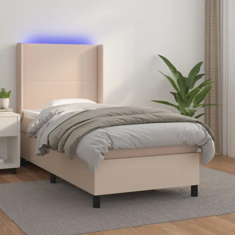 Łóżko kontynentalne, materac i LED cappuccino ekoskóra 90x190cm