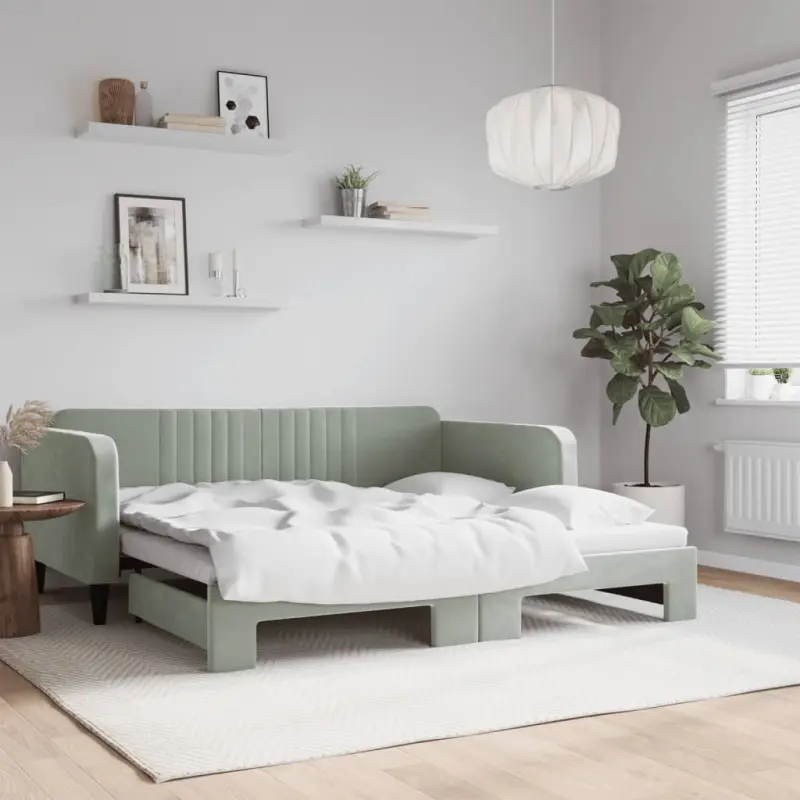 Sofa rozsuwana, jasnoszara, 90x190 cm, aksamit