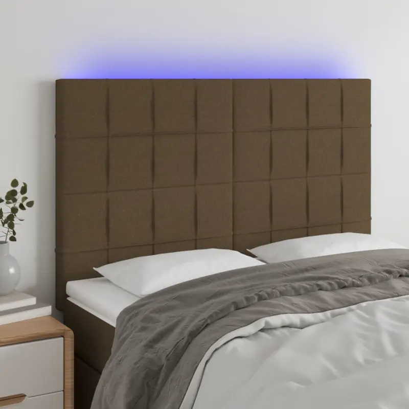 Zagłówek do łóżka z LED ciemnobrązowy 144x5x118/128 cm tkanina