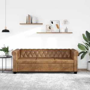 Trzyosobowa sofa Chesterfield ze sztucznej skóry, brązowa