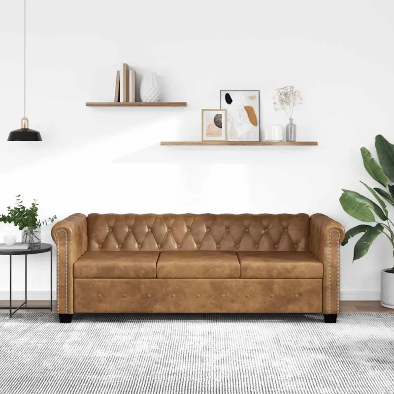 Trzyosobowa sofa Chesterfield ze sztucznej skóry, brązowa