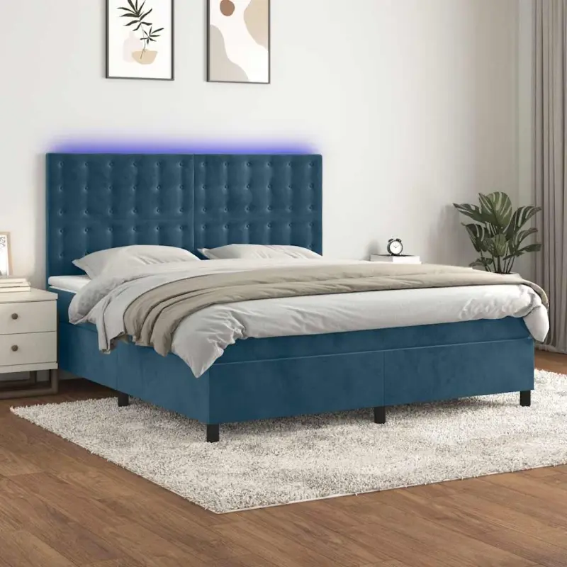 Łóżko kontynentalne, materac i LED, niebieski aksamit 160x200cm