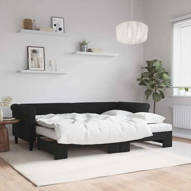 Sofa rozsuwana z materacami, czarna, 80x200 cm, aksamit