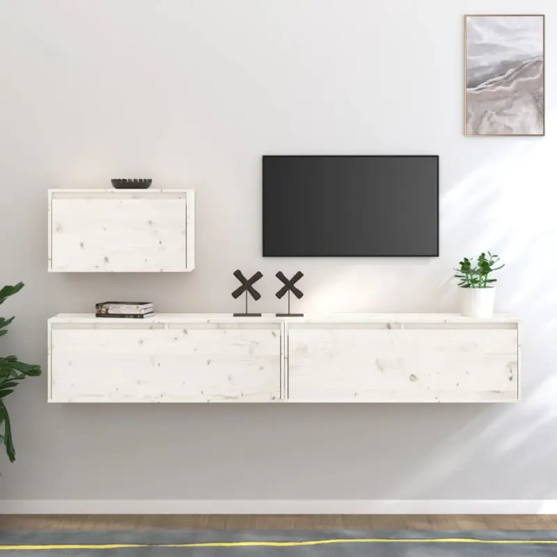 Szafki pod TV, 3 szt., białe, lite drewno sosnowe