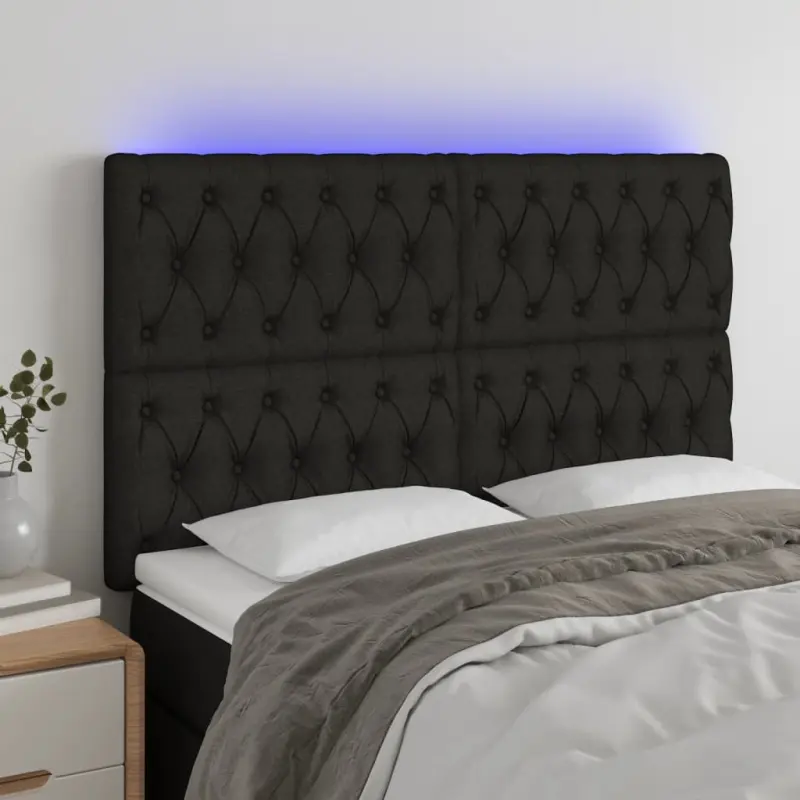 Zagłówek do łóżka z LED, czarny, 144x7x118/128 cm, tkanina