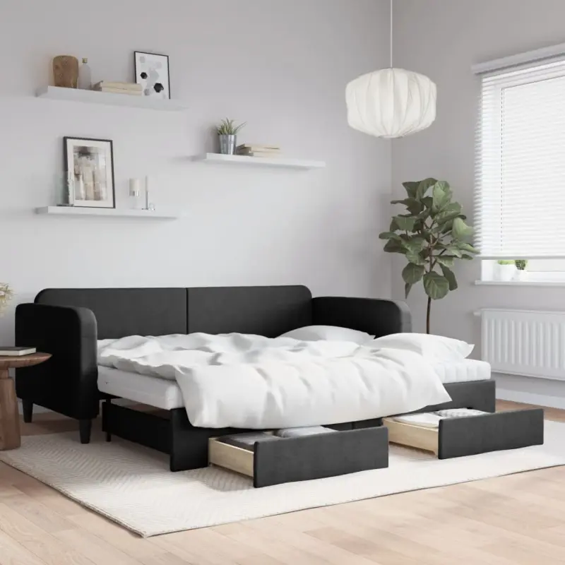 Sofa rozsuwana z szufladami, czarna, 90x190 cm, tkanina