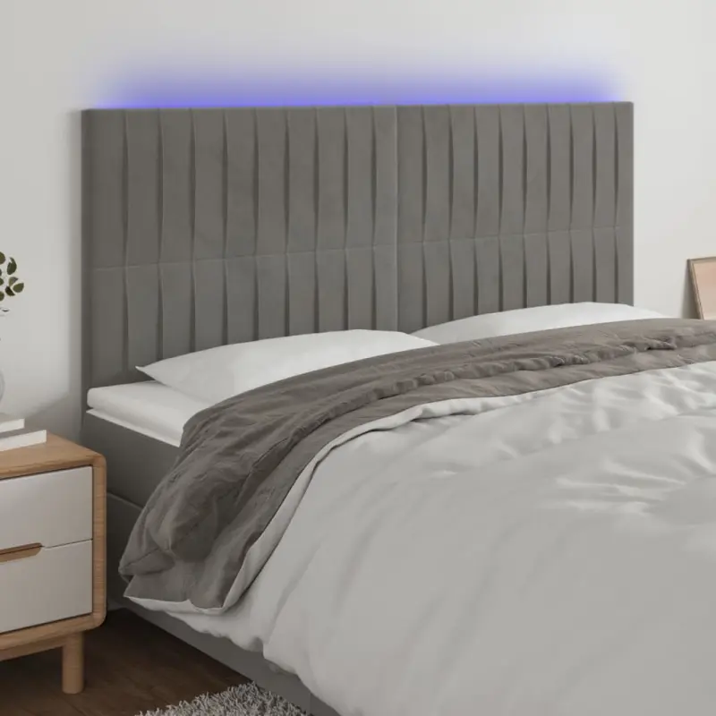 Zagłówek do łóżka z LED, jasnoszary, 160x5x118/128 cm, aksamit