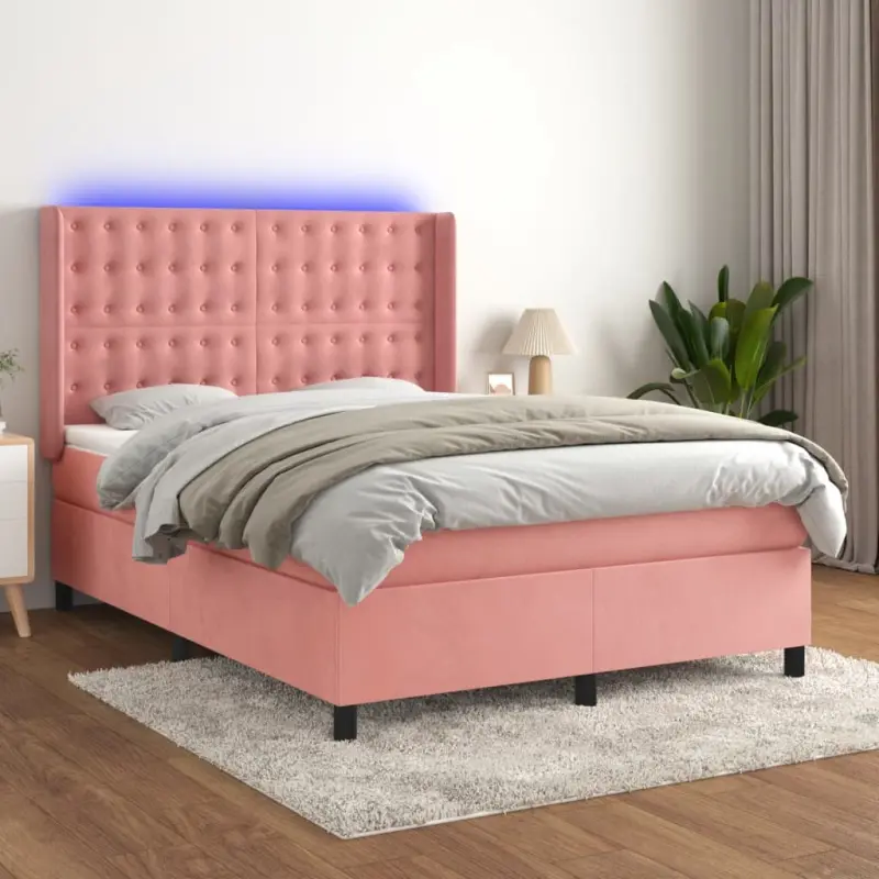 Łóżko kontynentalne z materacem i LED, różowy aksamit 140x190cm