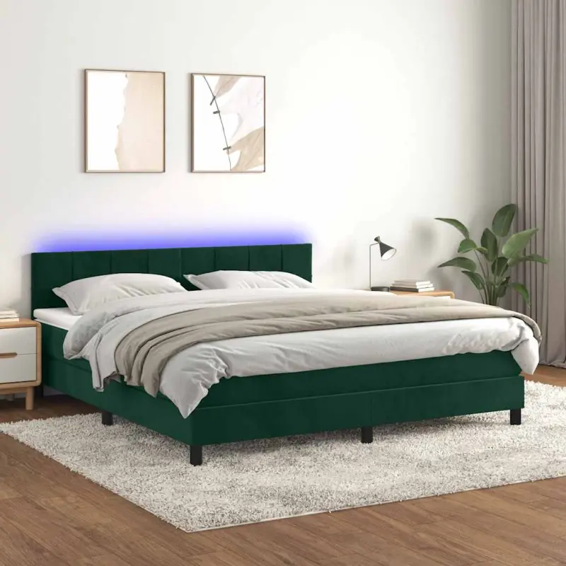 Łóżko kontynentalne z materacem i LED zielony aksamit 160x200cm
