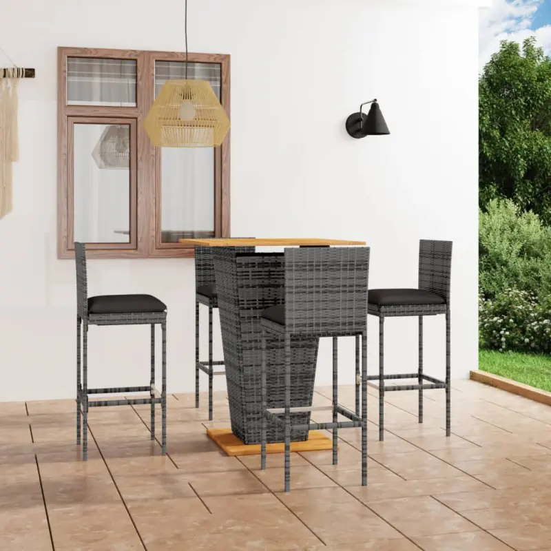 Meble ogrodowe barowe 5-cz. zestaw rattan PE szary z poduszkami