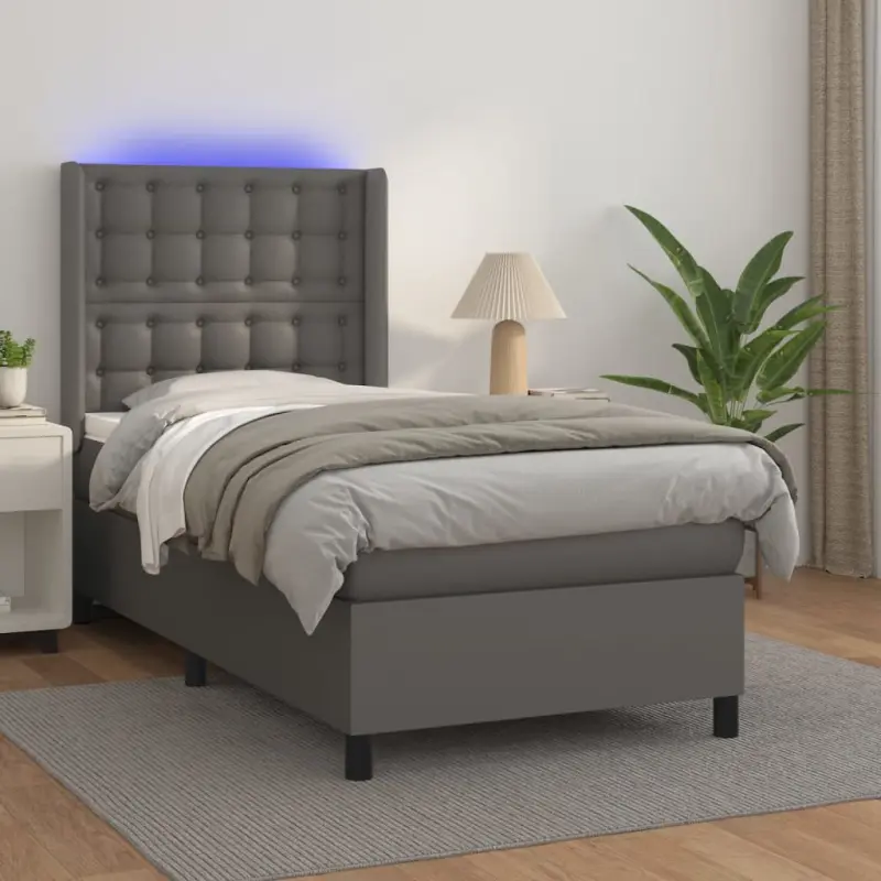 Łóżko kontynentalne z materacem i LED, szara ekoskóra 100x200cm