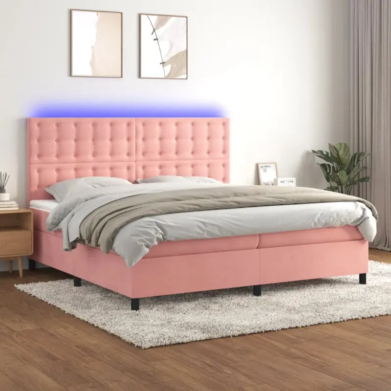 Łóżko kontynentalne z materacem i LED, różowy aksamit 200x200cm