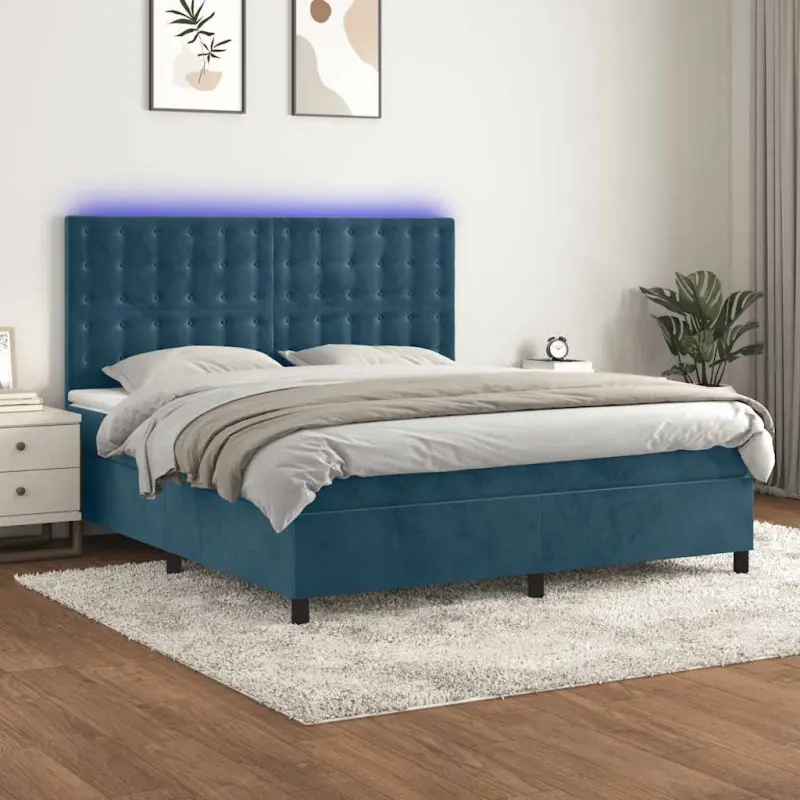 Łóżko kontynentalne, materac i LED, niebieski aksamit 180x200cm
