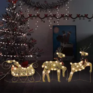 Świąteczna dekoracja, renifery z saniami, 60 diod LED, złota