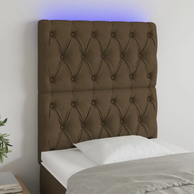 Zagłówek do łóżka z LED ciemnobrązowy 80x7x118/128 cm tkanina