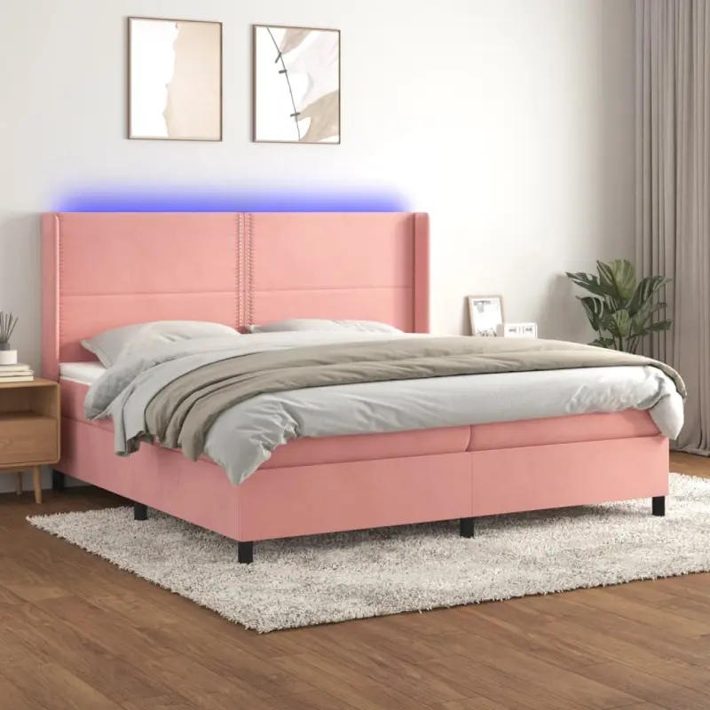 Łóżko kontynentalne z materacem i LED, różowy aksamit 200x200cm