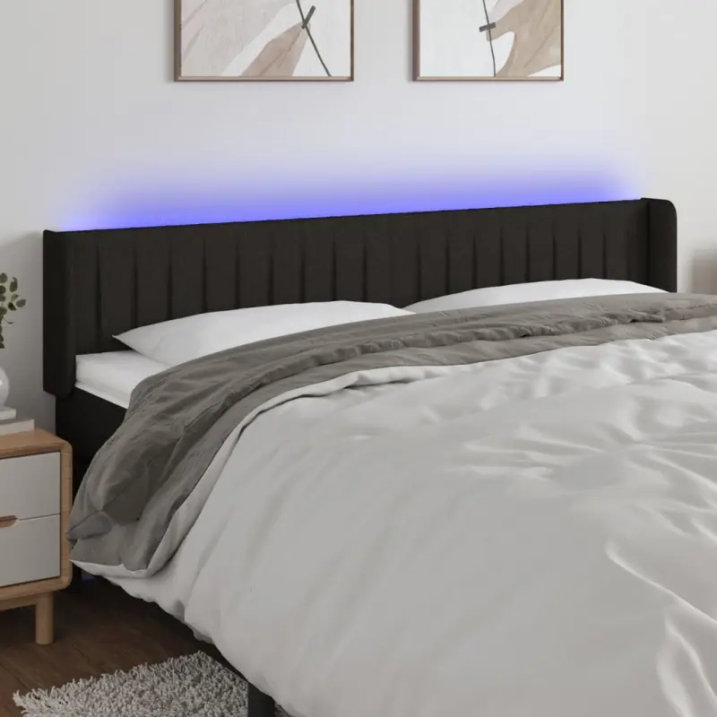 Zagłówek do łóżka z LED, czarny, 203x16x78/88 cm, tkanina