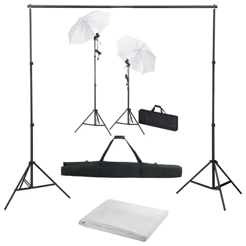 Fotograficzny zestaw studyjny z tłem, lampami i parasolkami