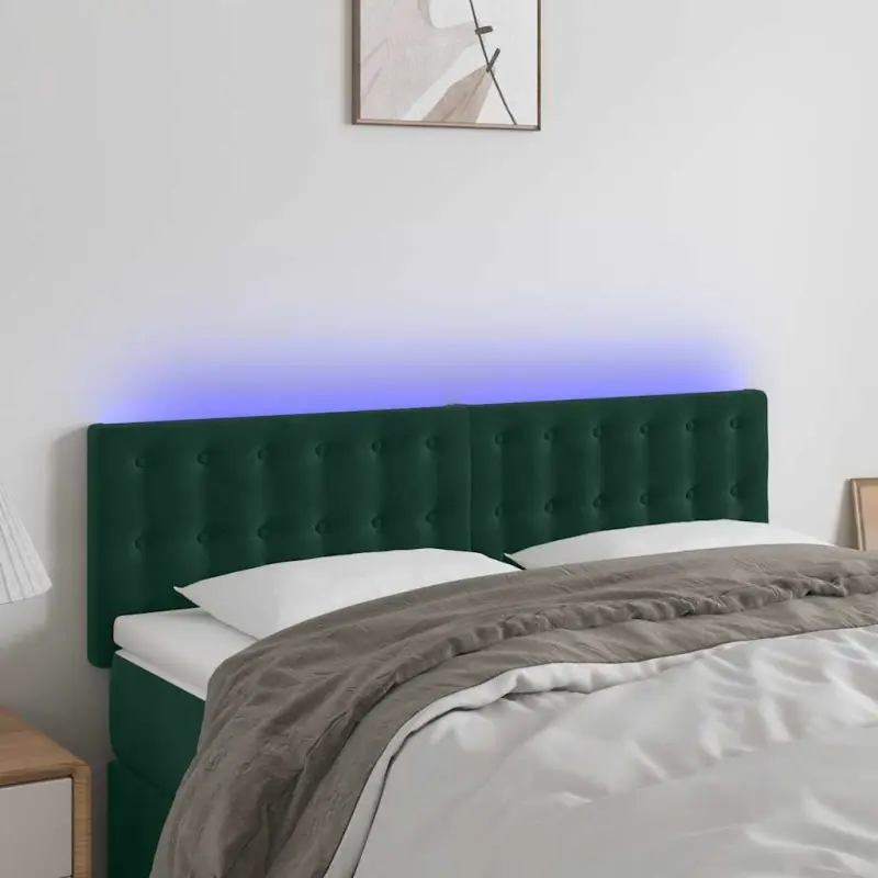 Zagłówek do łóżka z LED, ciemnozielony, 144x5x78/88 cm, aksamit