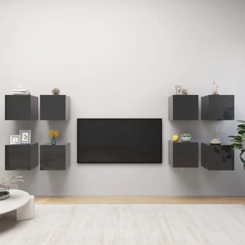 Wiszące szafki TV, 8 szt., wysoki połysk, szare, 30,5x30x30 cm