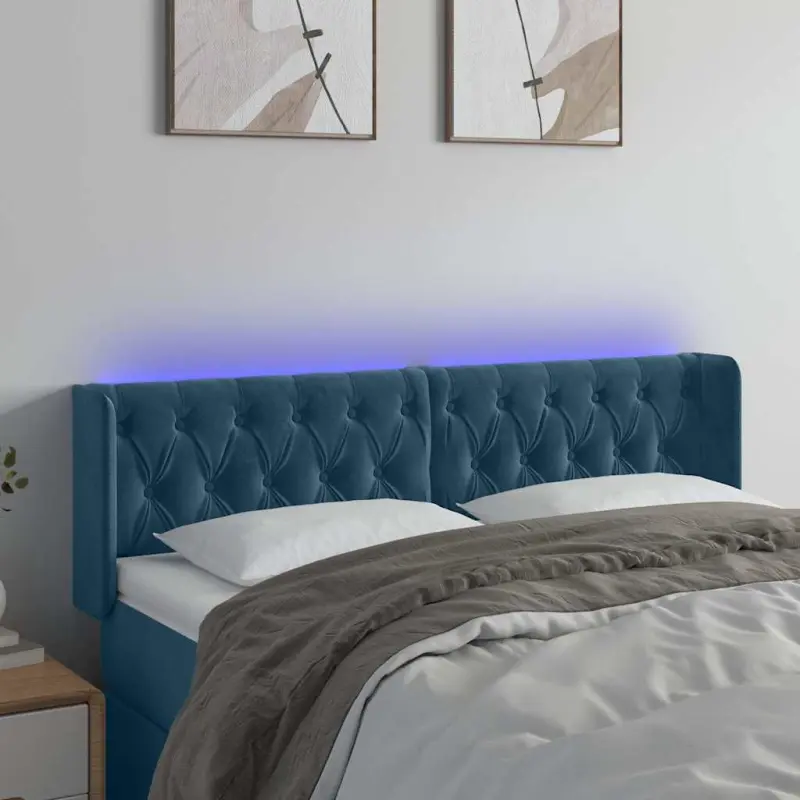 Zagłówek do łóżka z LED ciemnoniebieski 163x16x78/88 cm aksamit