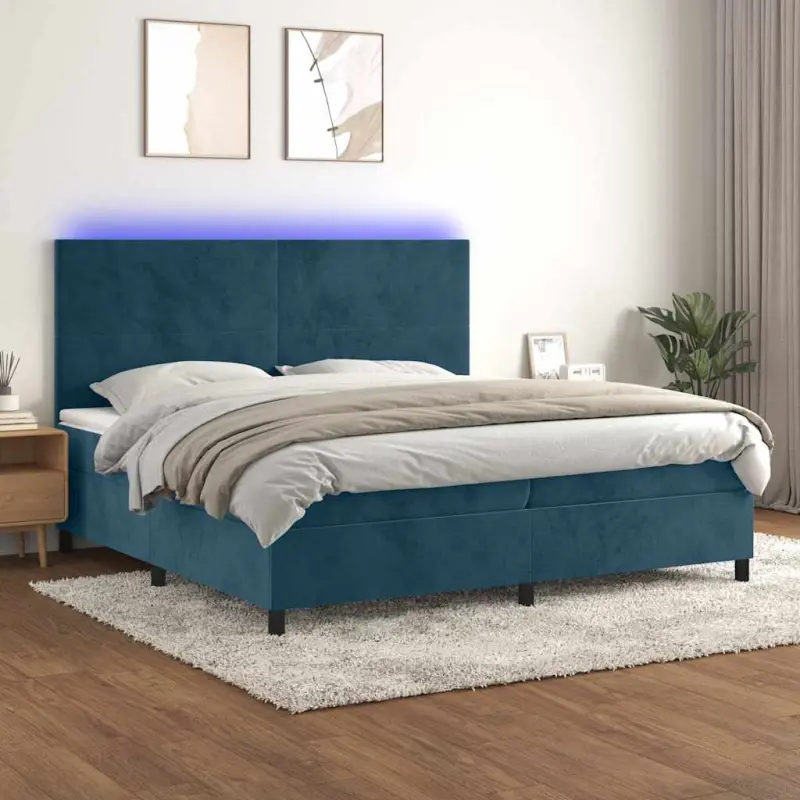 Łóżko kontynentalne, materac i LED, niebieski aksamit 200x200cm