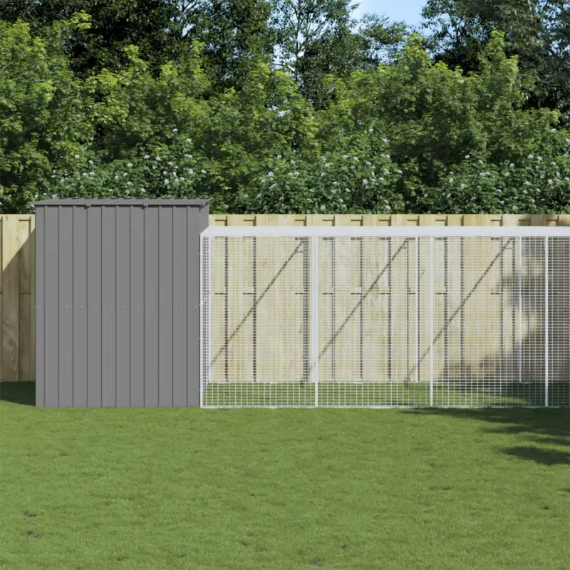 Buda dla psa, z wybiegiem, jasnoszara, 214x661x181 cm, stal