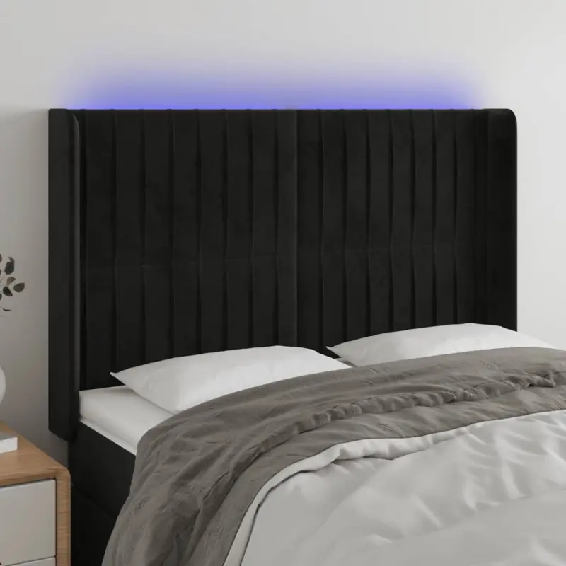 Zagłówek do łóżka z LED, czarny, 147x16x118/128 cm, aksamit
