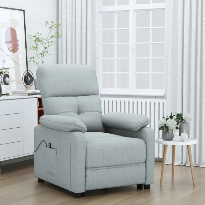 Elektryczny fotel rozkładany, jasnoszary, obity tkaniną