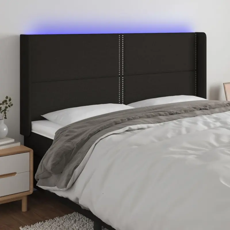 Zagłówek do łóżka z LED, czarny, 203x16x118/128 cm, tkanina