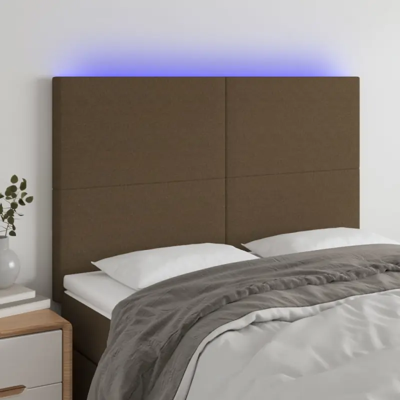Zagłówek do łóżka z LED ciemnobrązowy 144x5x118/128 cm tkanina