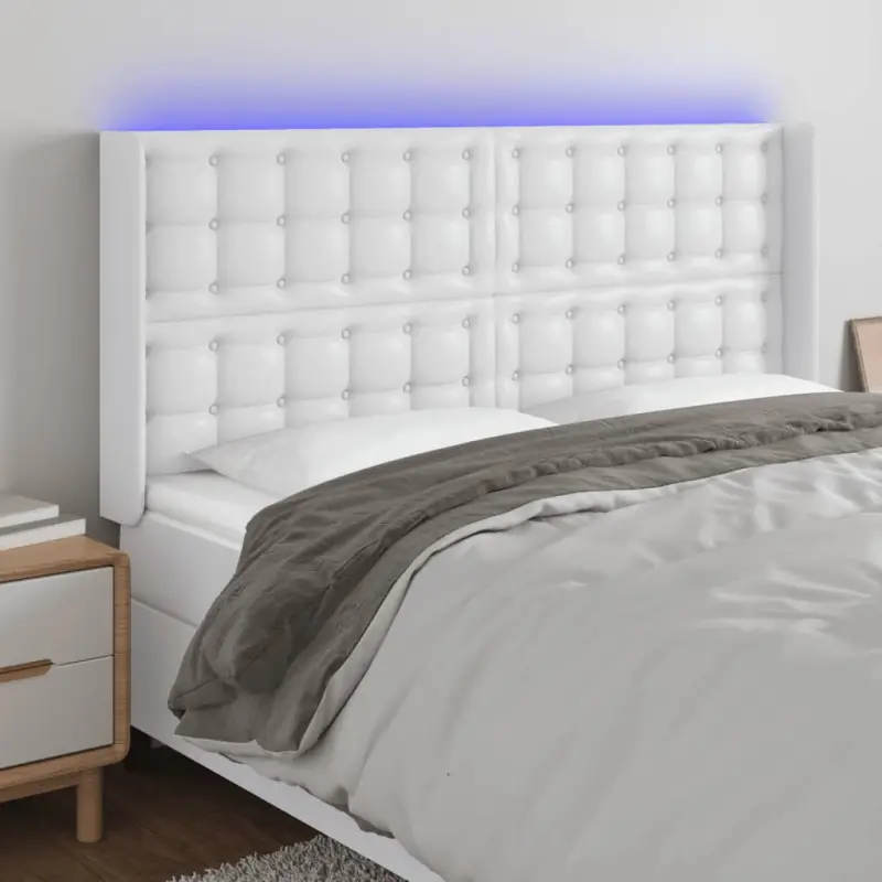 Zagłówek do łóżka z LED, biały, 147x16x118/128cm sztuczna skóra