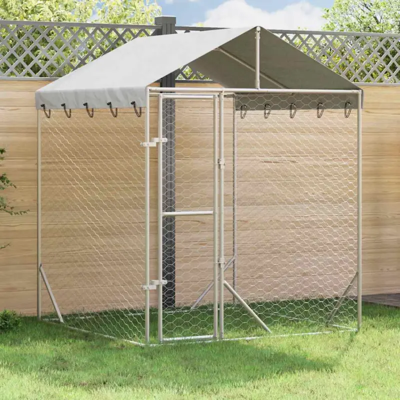 Kojec dla psa, z dachem, srebrny, 2x2x2,5 m, stal galwanizowana