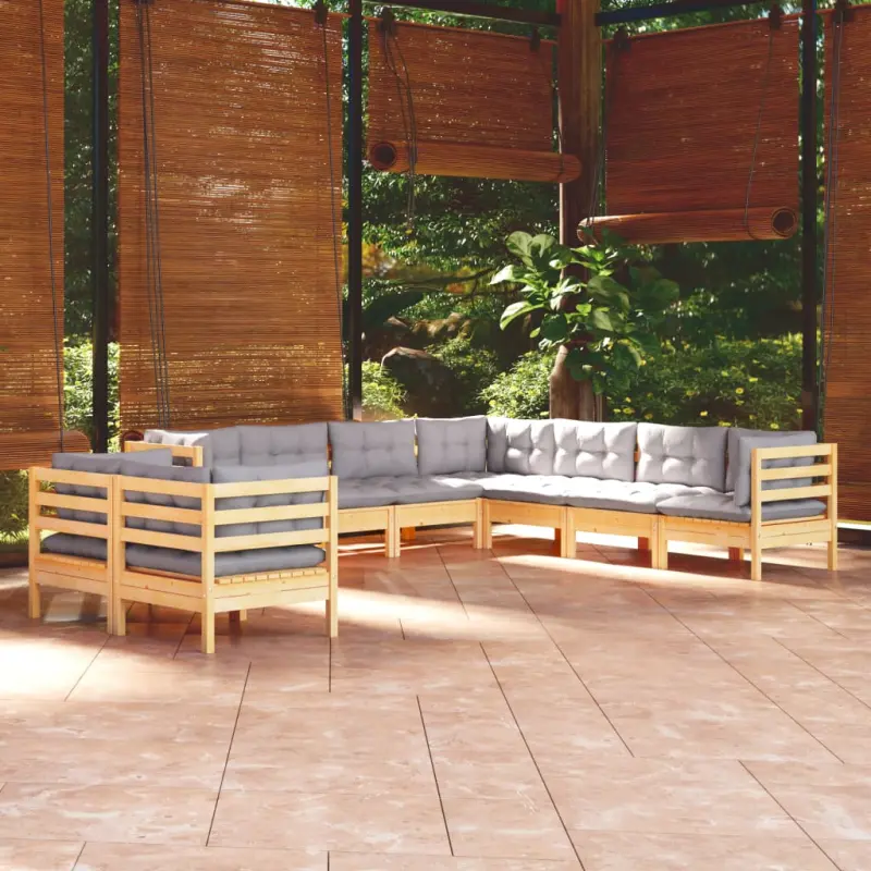 Meble ogrodowe 9-cz. zestaw wypoczynkowy sosnowy z szarymi poduszkami