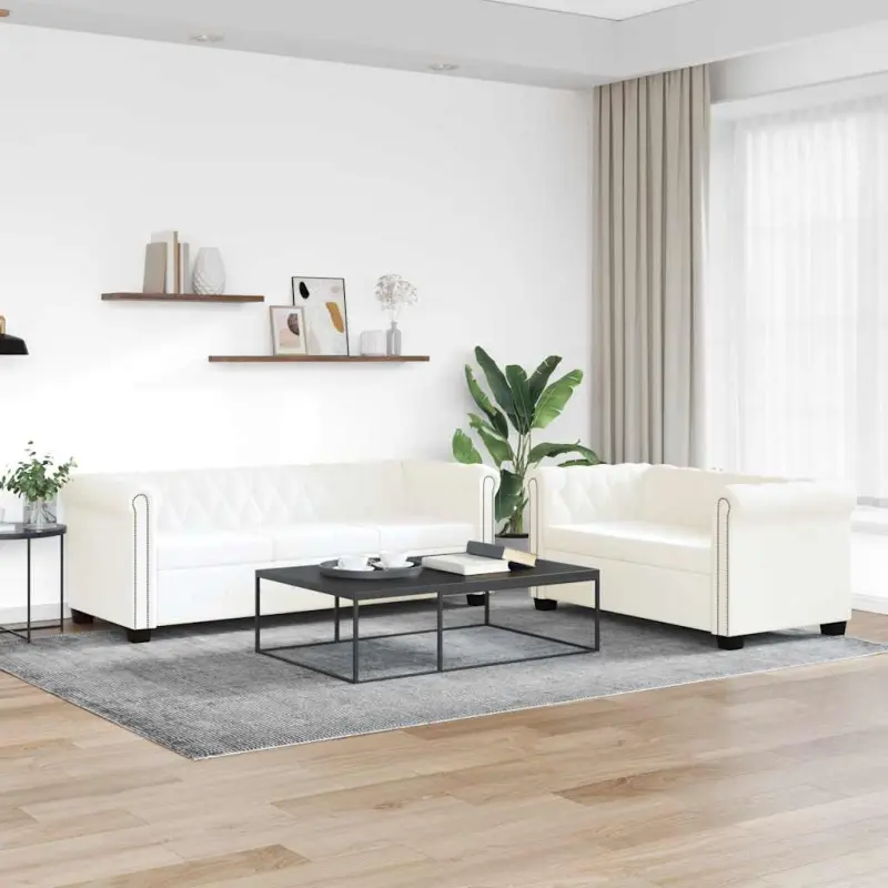 Zestaw sof typu Chesterfield: 2- i 3-osobowa, eko-skóra, białe