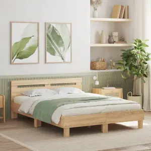 Rama łóżka z wezgłowiem i LED, dąb sonoma, 140x200 cm