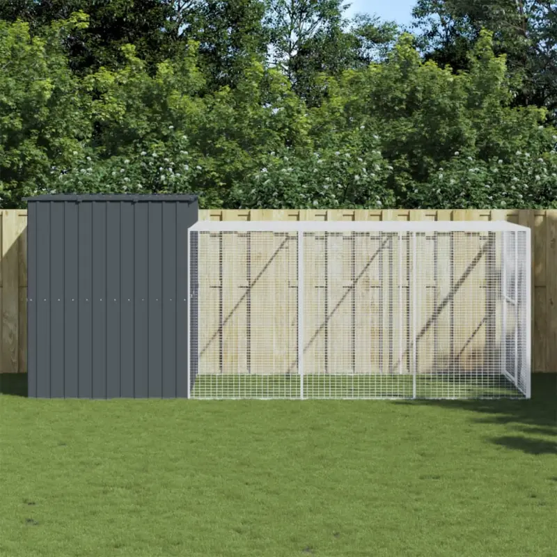 Buda dla psa, z wybiegiem, antracytowa, 214x457x181 cm, stal