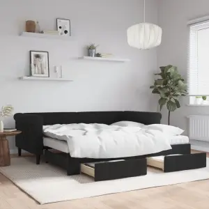 Sofa rozsuwana z szufladami, czarna, 90x190 cm, aksamit