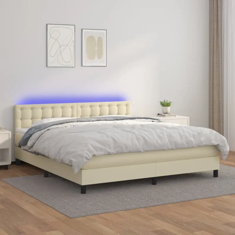 Łóżko kontynentalne z LED, materac, kremowe, ekoskóra 160x200cm