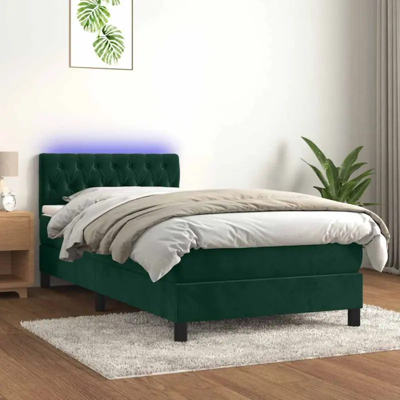 Łóżko kontynentalne z materacem i LED zielony aksamit 90x190 cm