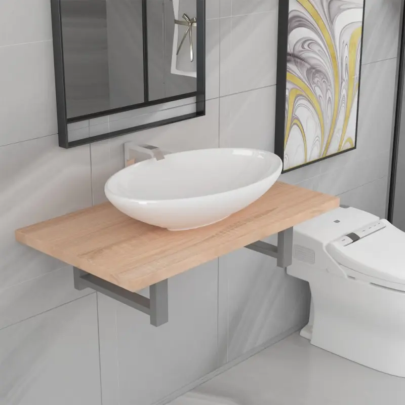 Dwuczęściowy zestaw mebli do łazienki, ceramiczny, dębowy