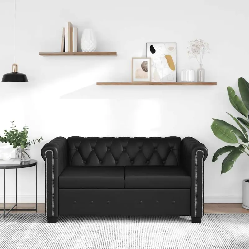 Sofa 2-osobowa w stylu Chesterfield, sztuczna skóra, czarna