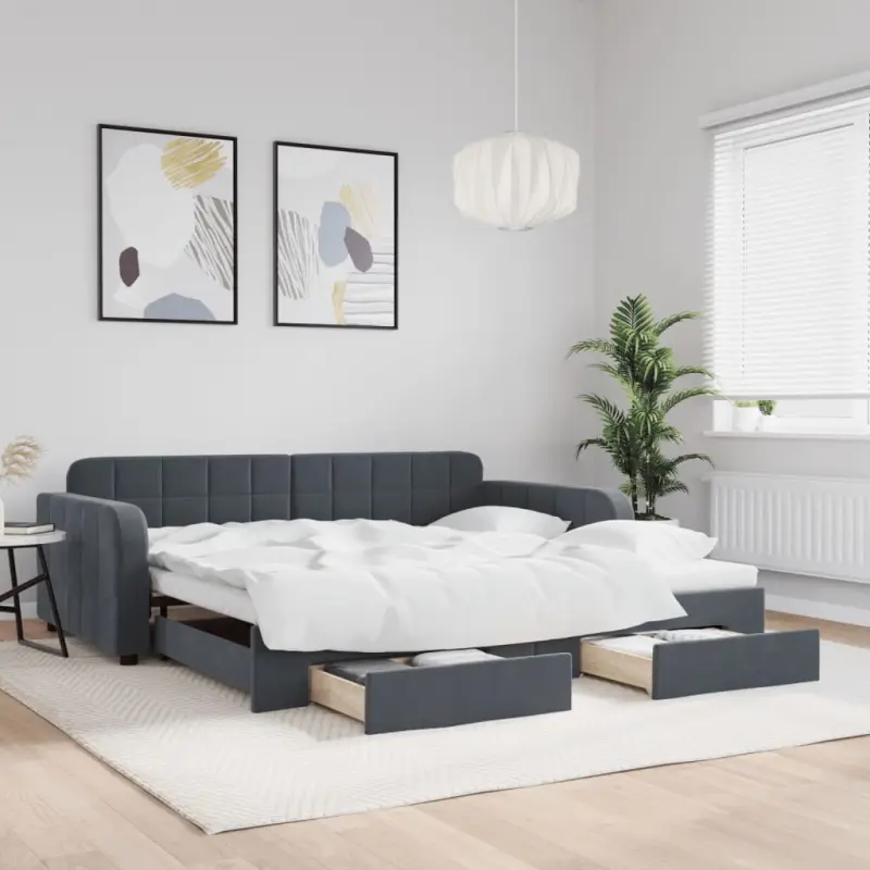Sofa rozsuwana z szufladami, ciemnoszara, 100x200 cm, aksamit