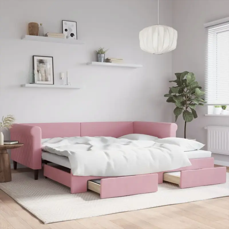 Sofa rozsuwana z szufladami, różowa, 100x200 cm, aksamit