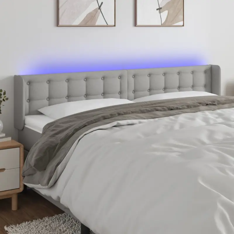 Zagłówek do łóżka z LED, jasnoszary, 203x16x78/88 cm, tkanina